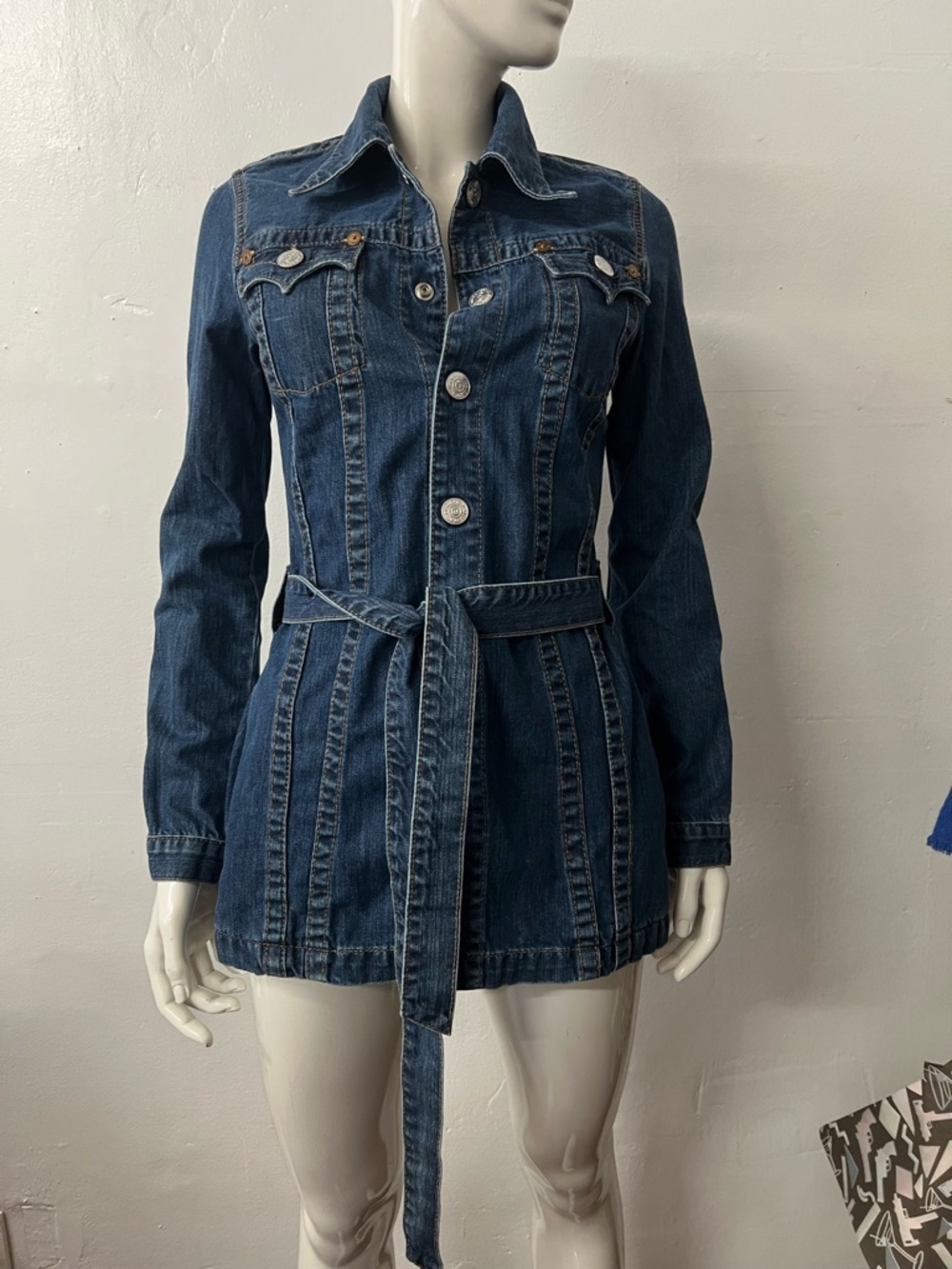 True religion Denim Button-Up Jacket with Belt - Dark Blue